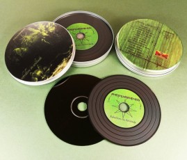 Vinyl CDs in printed metal tins with full coverage lid and base prints
