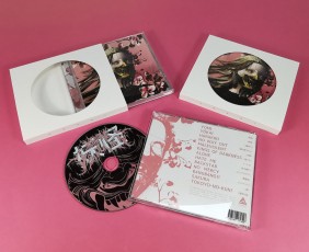 Custom printed CD jewel case O-card with central cutout hole and glass mastered CDs